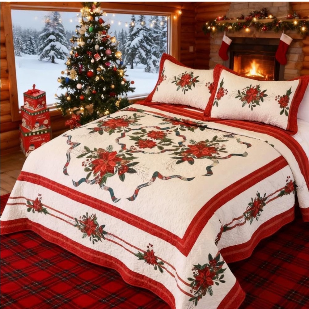 King Size Quilt Christmas Theme Bedding Set with Pillow Shams Reversible NIP